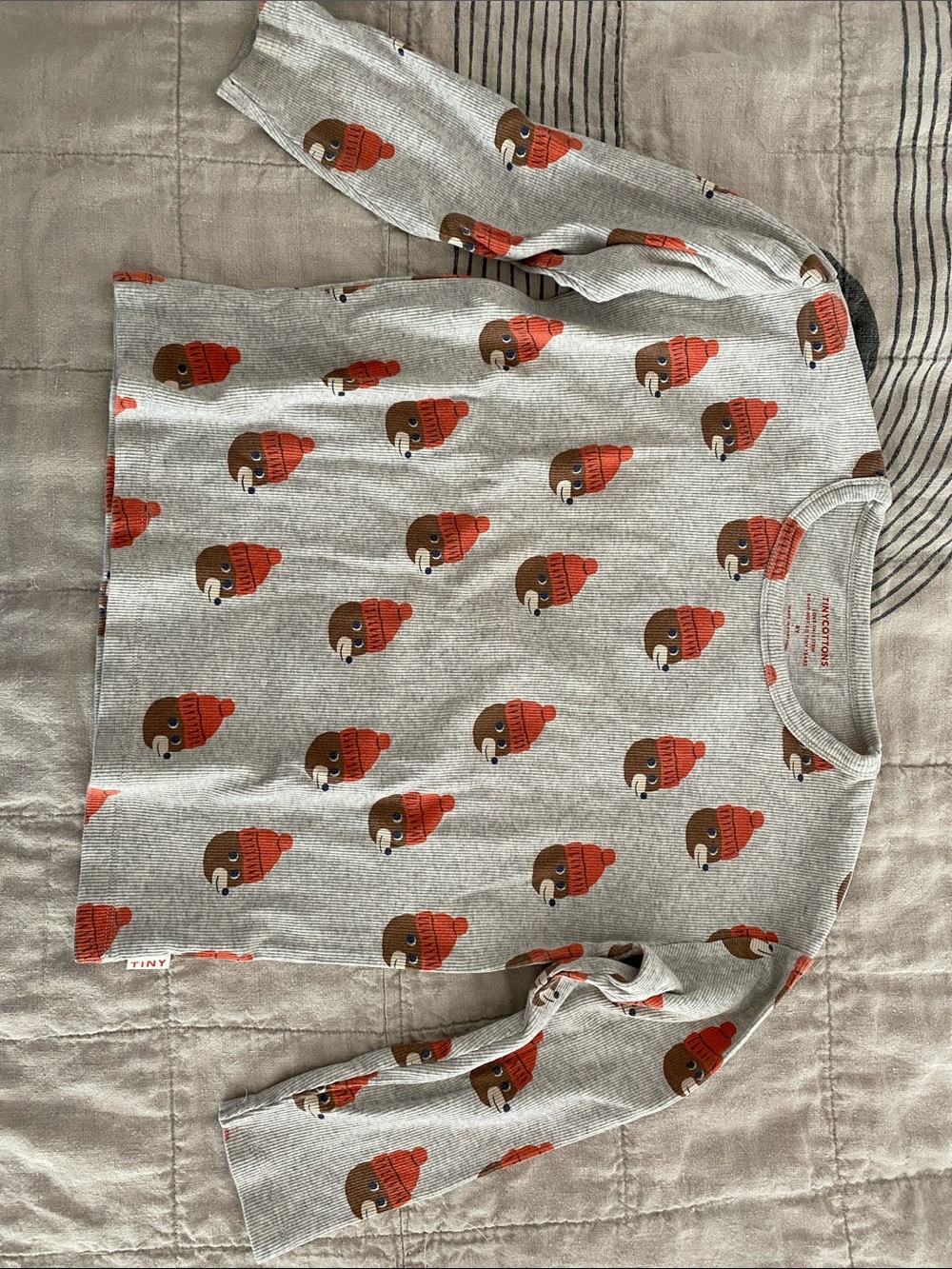 Tiny Cottons Grey Bear Print Long Sleeve Tee with Orange Beanies